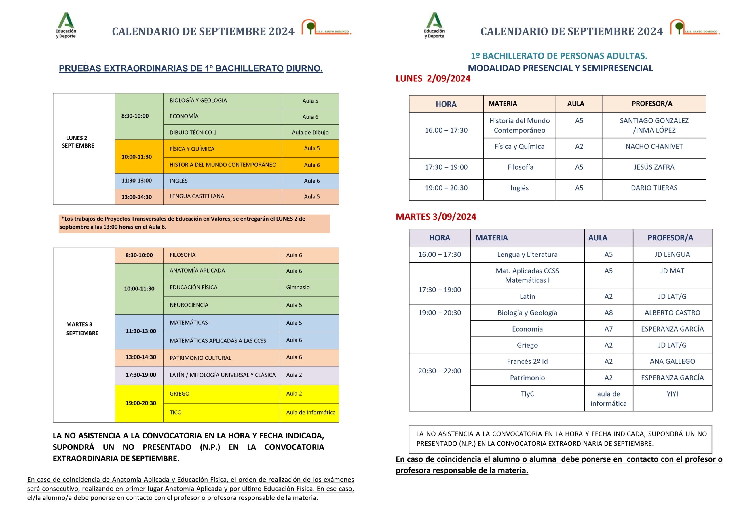 Calendario exámenes septiembre